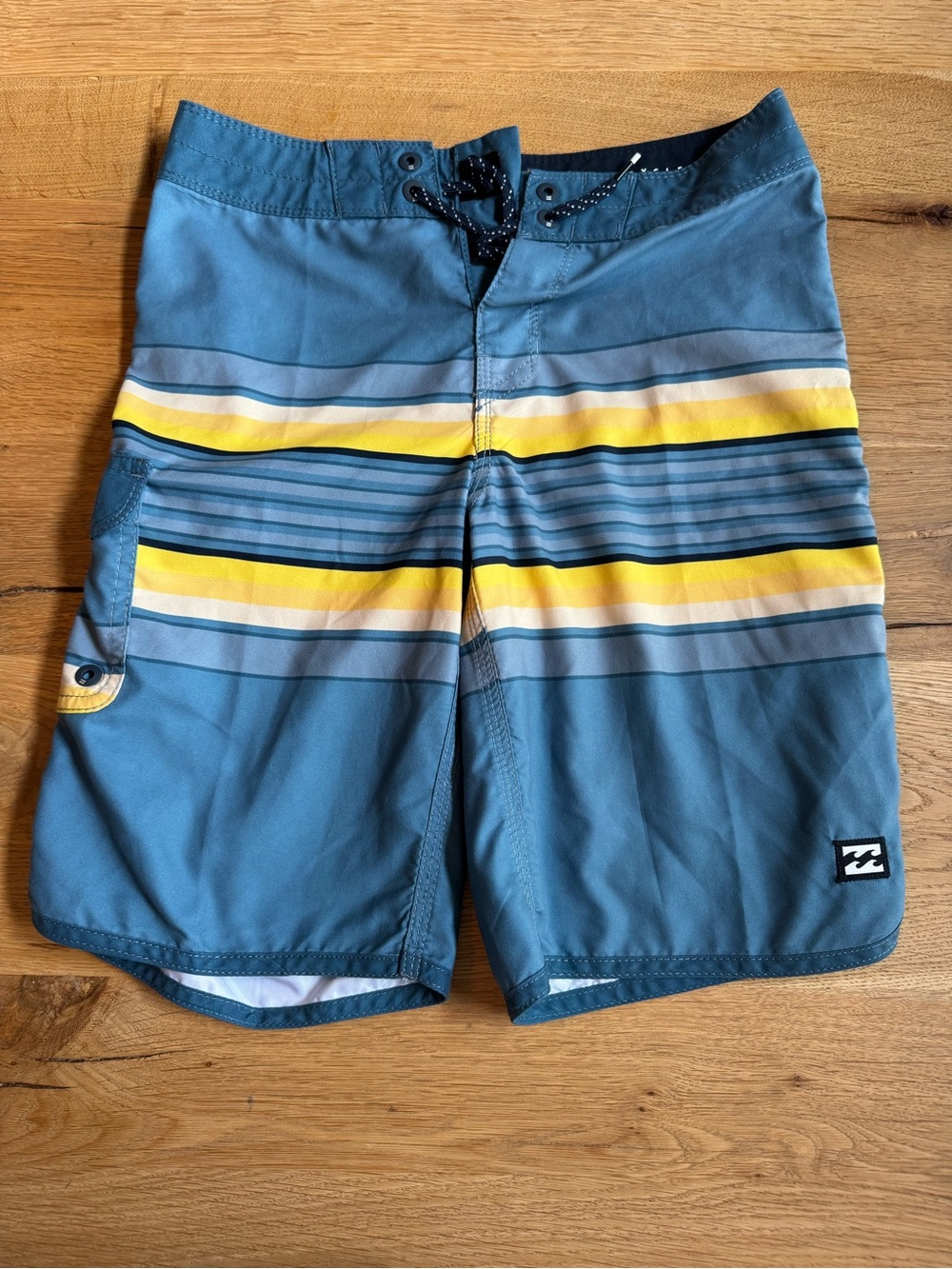 Billabong Teal Board Shorts with Yellow and White Stripes